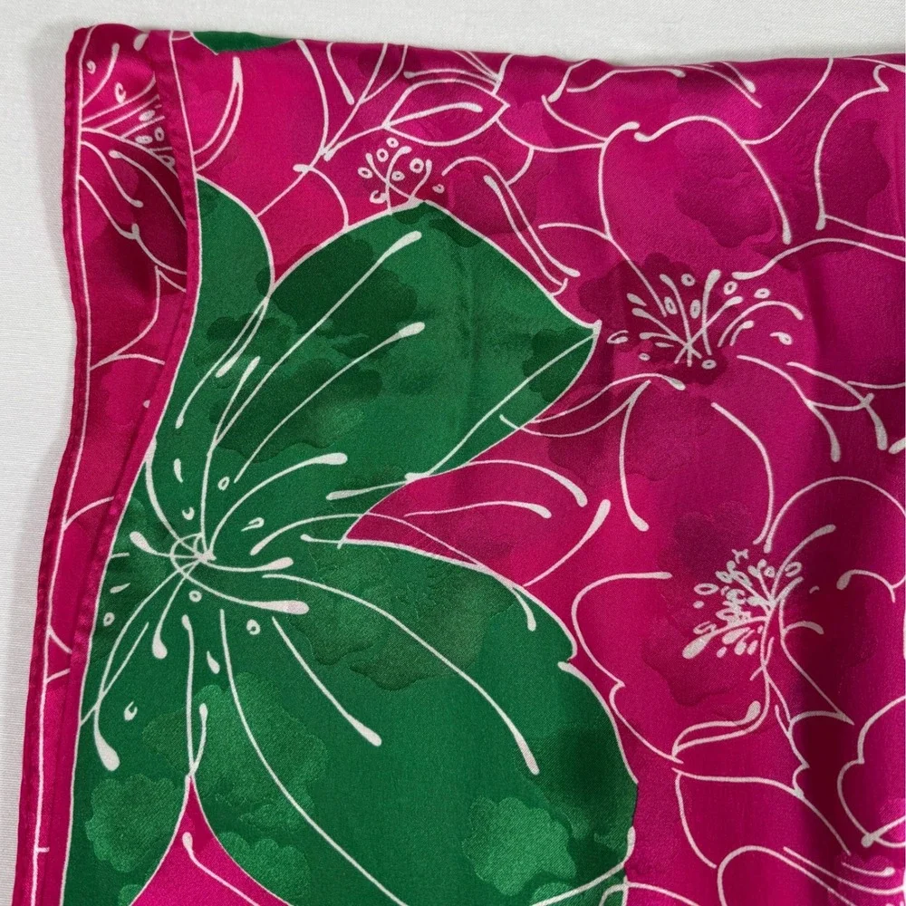 Ginnie Johnson Pink Hibiscus Floral Silk‎ Scarf Tropical Botanical Signed 61x11